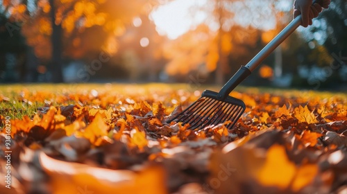 Raking colorful autumn leaves in a vibrant park during golden hour