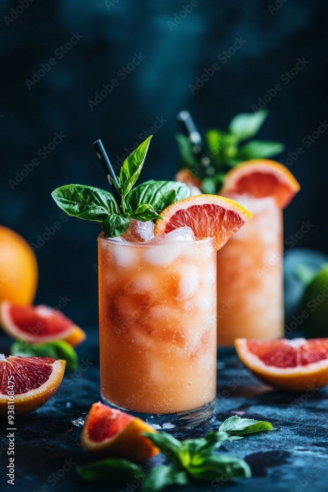 Refreshing orange beverages with mint in glass jars on a blue surface Refreshing orange beverages with mint in glass jars on a blue surface