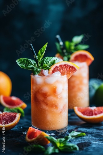 Refreshing orange beverages with mint in glass jars on a blue surface
