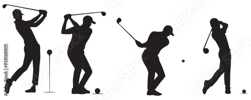 Collection of vector illustrations of professional male golfer silhouettes in golf ball hitting style eps 10