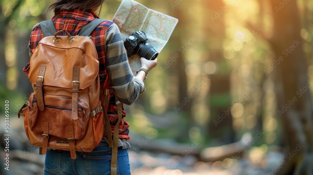 Obraz premium Woman Exploring Nature with a Camera and Map