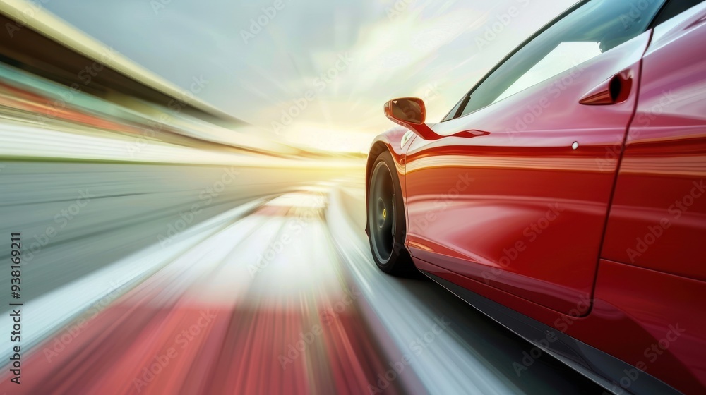 Obraz premium Red Sports Car Speeding on a Race Track