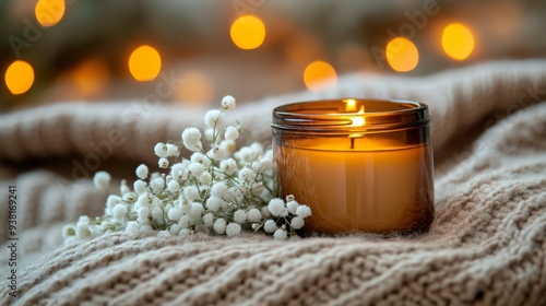 Warm candlelight on textured blanket with flowers and cozy atmosphere