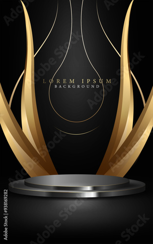 golden curve waves and black podium modern digital abstract award background,vector illustration product display and presentation backdrop. 