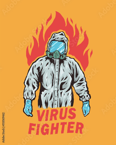 Medical workers in hazmat suits with flames behind