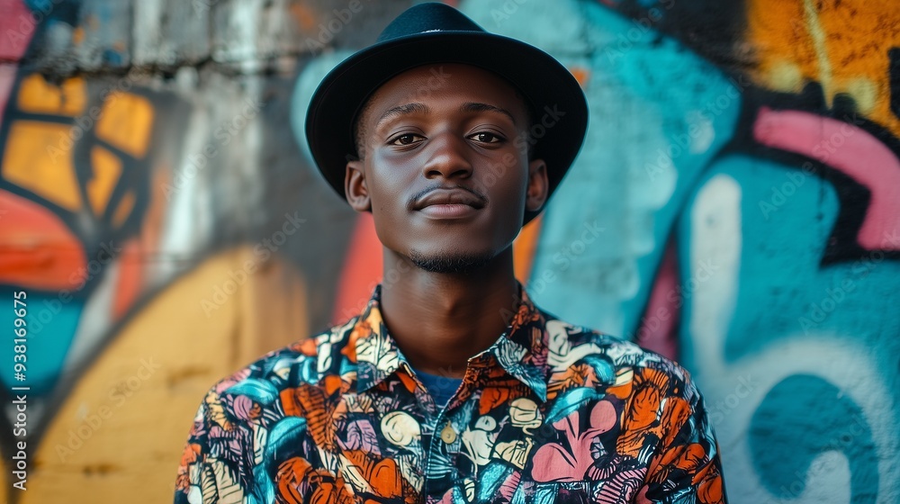 Young african american man standing with confident expression against graffiti wall. Urban style photo. Young african american man standing with confident expression against graffiti wall. Urban style photo.