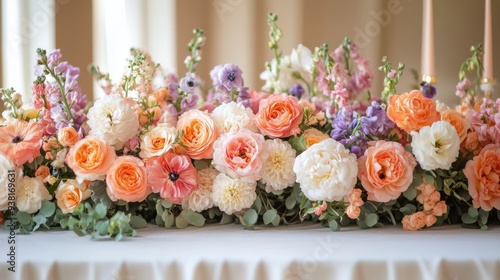 Elegant floral arrangement featuring roses and hydrangeas at a wedding reception
