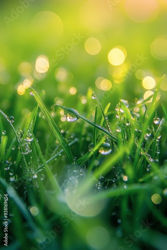 Dew drops glistening on green grass blades during sunrise in a tranquil garden