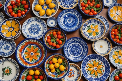 Collection of Traditional Portuguese Ceramic Dishes, Exquisitely Hand-Painted with Vibrant Colors and Intricate Patterns, Showcasing the Rich Cultural Heritage and Skilled Craftsmanship of Portugal