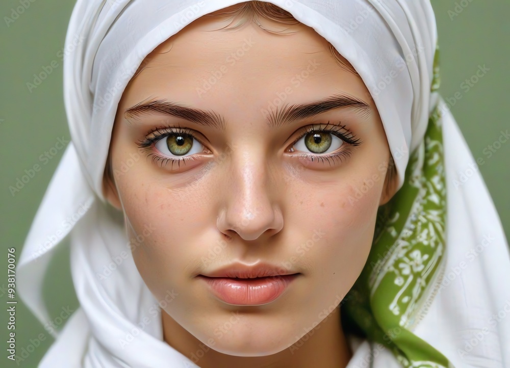 A close-up portrait image of a young woman dressed in a white headscarf A close-up portrait image of a young woman dressed in a white headscarf
