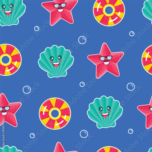 sea stars swimming ring and cute clams cartoon with summer vibes seamless pattern