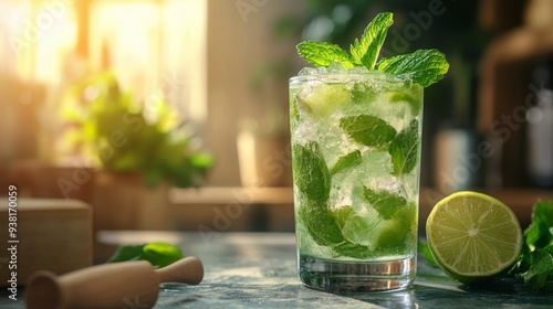 Refreshing mint cocktail served in a glass with fresh ingredients and natural lighting photo