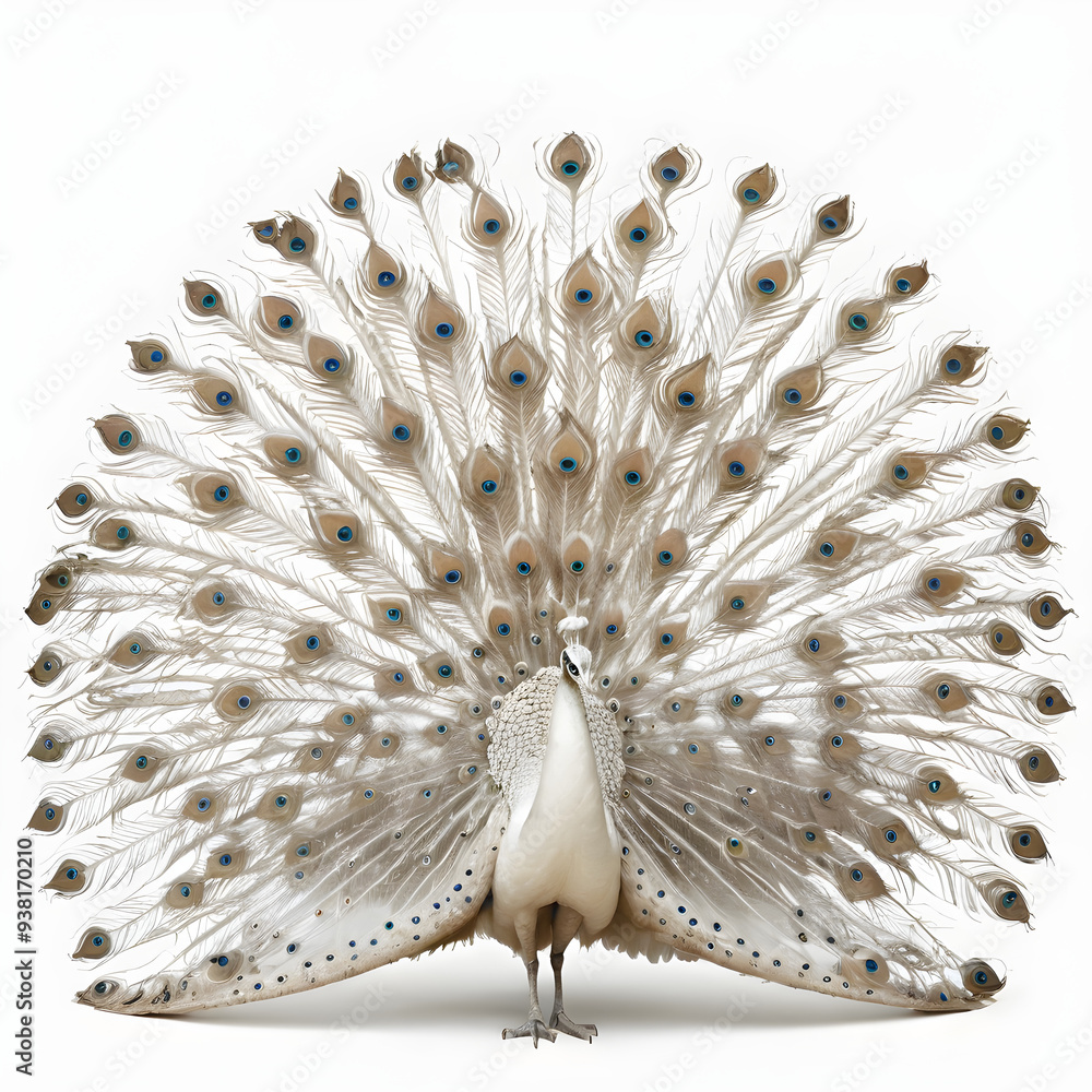 Obraz premium elegant white peacock with feathers spread, isolated on white background