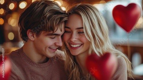Young couple smiling together amid heart decorations in a cozy cafe setting