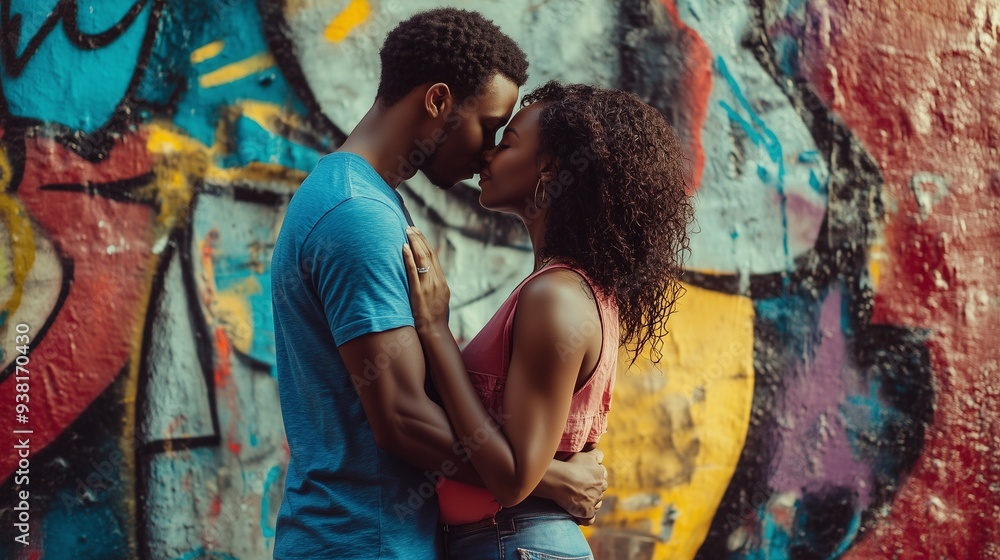 Fototapeta premium Romantic young African American couple tenderly hugging and kissing against graffiti wall. Lovers express love, tenderness and happiness. Urban style.