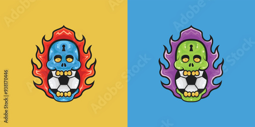Skull with a keyhole in its head biting balls of fire around it mascot cartoon character vector illustration