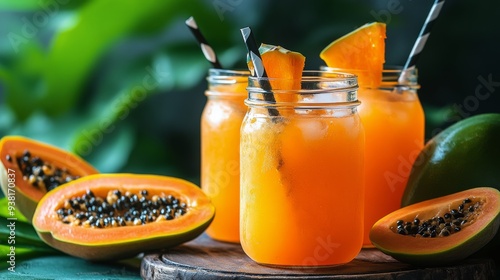 Refreshing papaya drinks served in jars with fresh fruit on a wooden table in...