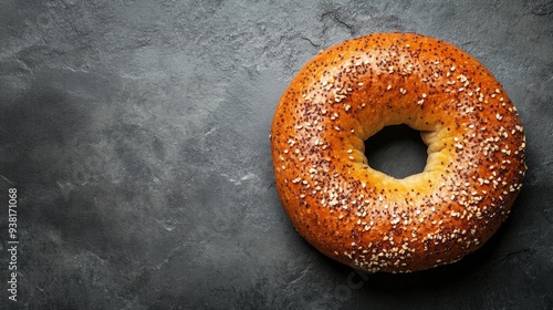 Freshly baked sesame bagel on a dark stone surface