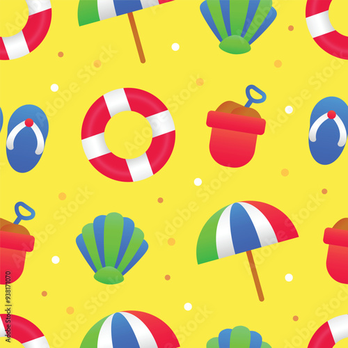 summer vibes seamless pattern with swim ring sandals sand bucket and clams