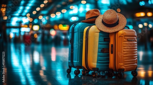 Colorful stacked luggage with a straw hat at a modern airport terminal