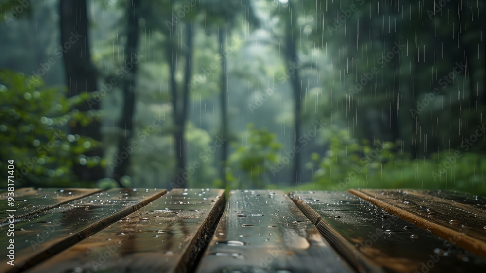 Empty wooden table top with blurred background of rainy forest. Place for product placement. Generated with AI Empty wooden table top with blurred background of rainy forest. Place for product placement. Generated with AI