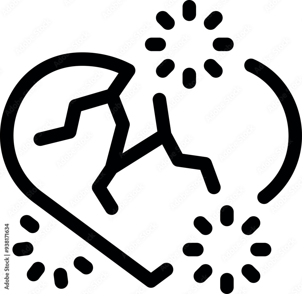 Simple line art icon of a broken heart, symbolizing the pain and sorrow of a lost love Simple line art icon of a broken heart, symbolizing the pain and sorrow of a lost love