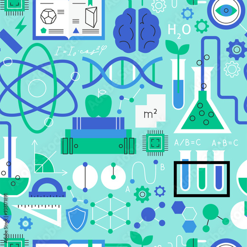 Physics Chemistry Biology Seamless Pattern. Vector Illustration of Solid Colorful and Outline Education Background. Mechanics and Optics Sign. Laboratory Texture..