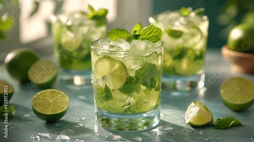 Fresh mojitos with mint and lime on a sunny afternoon table