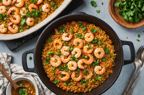 Traditional Portuguese arroz caldoso con almejas with shrimps and calm as top view in a cast-iron pot photo