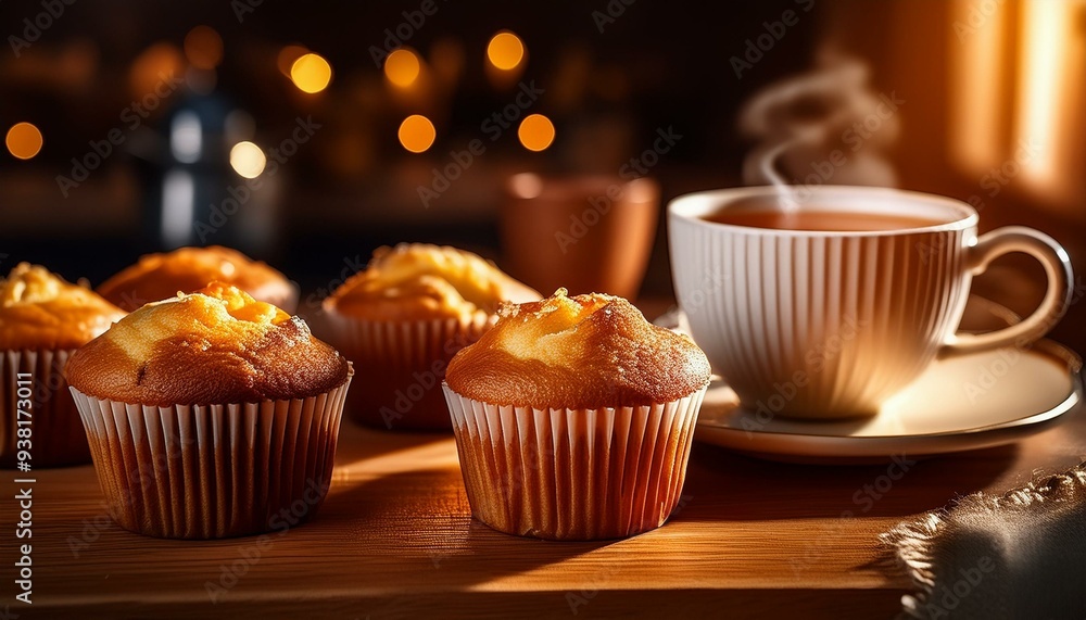 Cozy Tea Time with Freshly Baked Muffins and Warm Ambient Lighting Cozy Tea Time with Freshly Baked Muffins and Warm Ambient Lighting