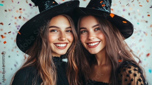 Two friends celebrating with confetti in Halloween costumes at a festive gath...