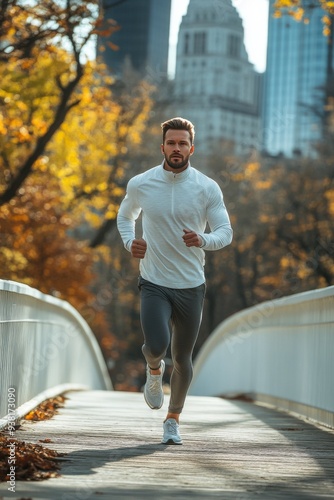 Man jogging on a sleek boardwalk in a modern urban area during bright daylight