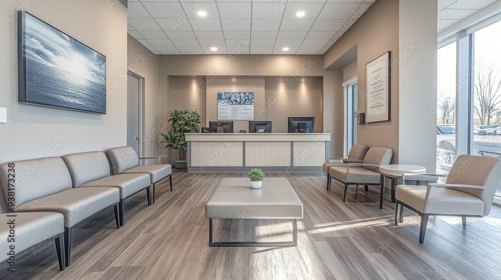 Modern dental office interior with treatment chairs and dental equipment during daylight Modern dental office interior with treatment chairs and dental equipment during daylight