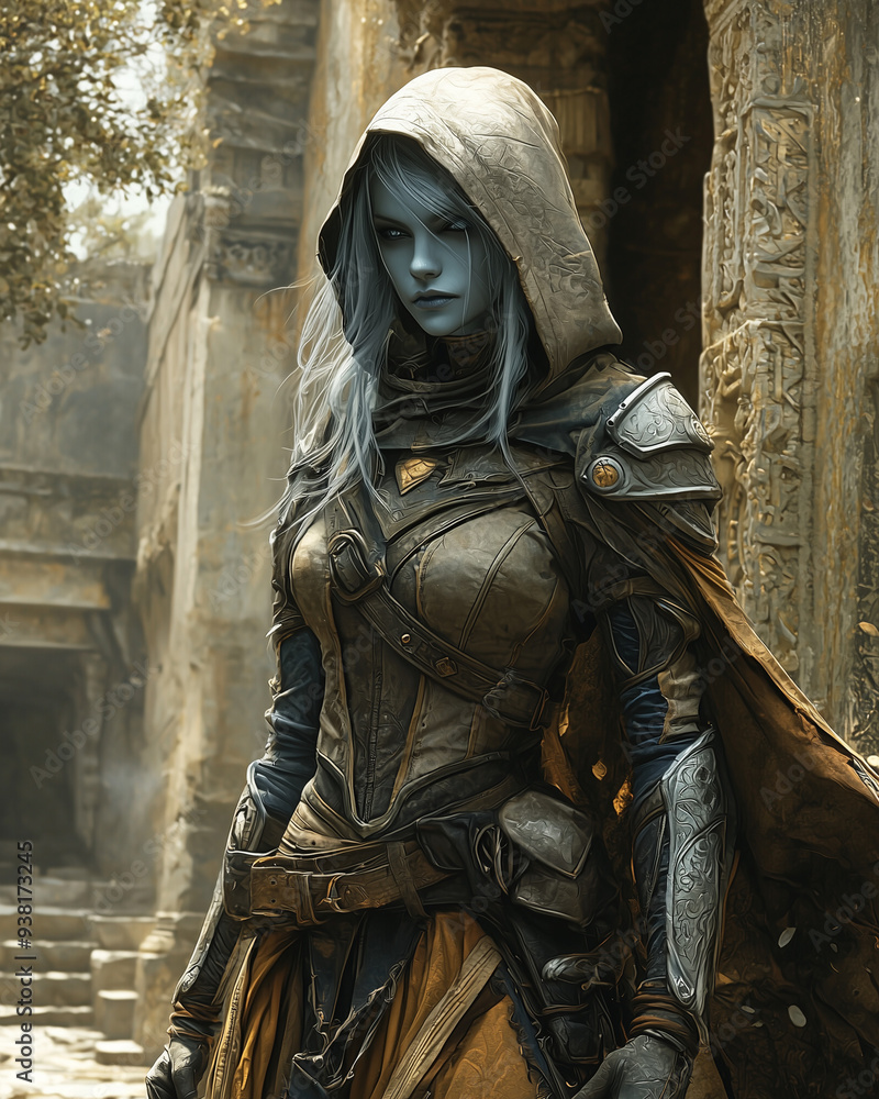 drow warrior with long white hair and intricate armor standing in ancient sunlit ruins drow warrior with long white hair and intricate armor standing in ancient sunlit ruins