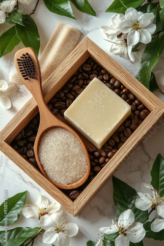 Handmade soap and natural ingredients in wooden box on marble surface