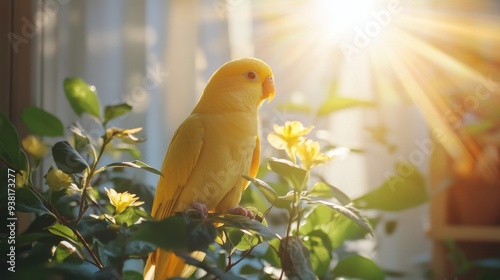 Colorful parakeet perched on a branch during golden hour in a lush garden