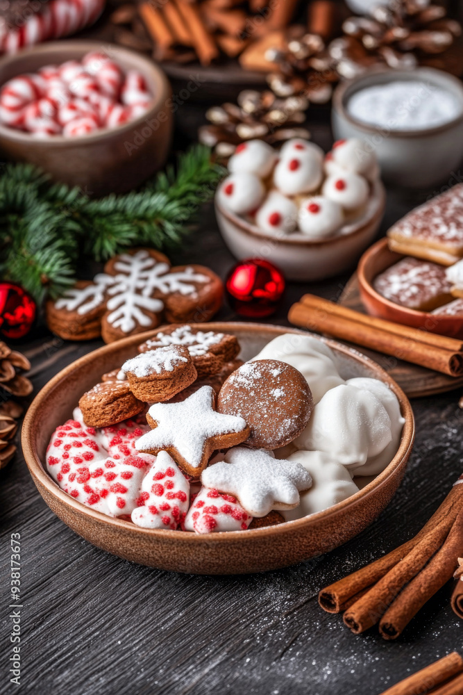 Festive Christmas sweets and cookies in holiday decor composition Festive Christmas sweets and cookies in holiday decor composition