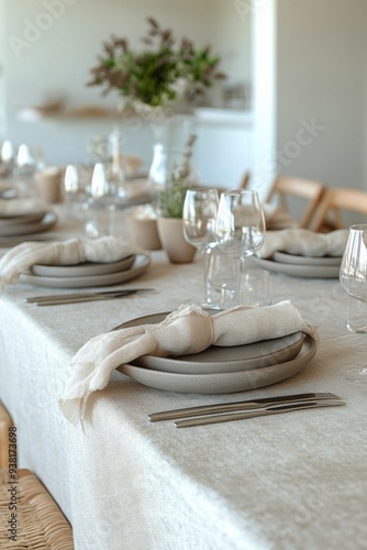Elegant dining table set with neutral decor and glassware in a bright indoor ...