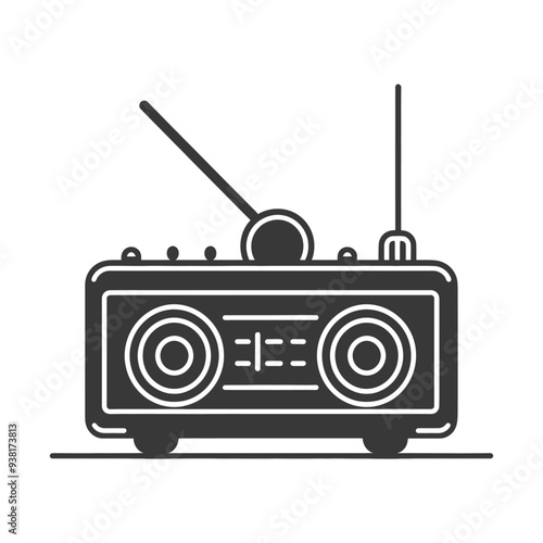 Black and White Illustration of a Retro Radio with Antenna
