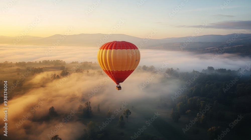 Obraz premium Hot air balloon floating over misty hills during sunrise