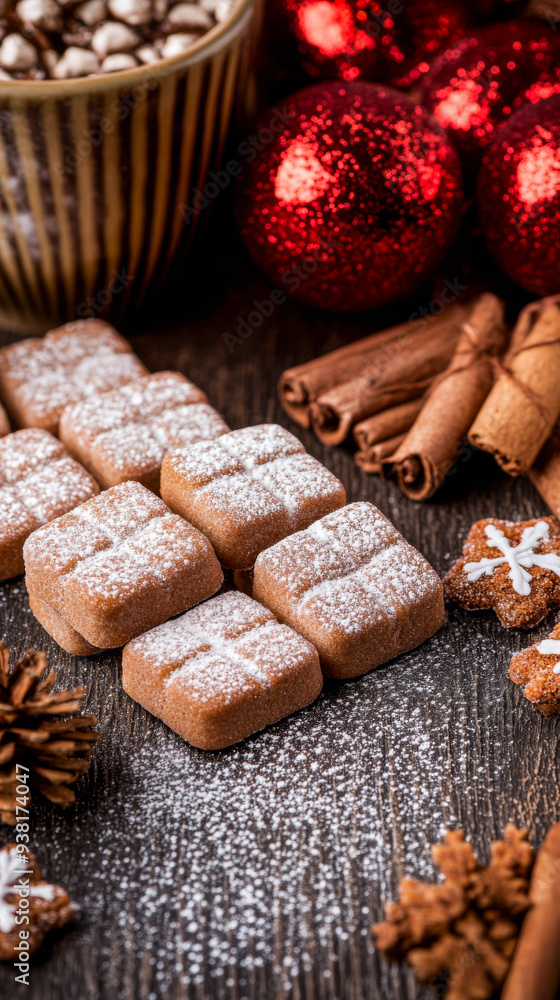 Festive Christmas sweets and cookies in holiday decor composition Festive Christmas sweets and cookies in holiday decor composition