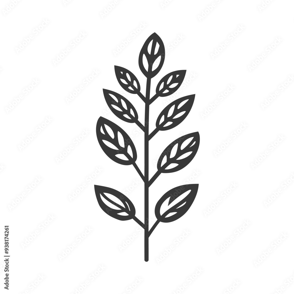 Black and White Illustration of a Sprig with Six Leaves Black and White Illustration of a Sprig with Six Leaves