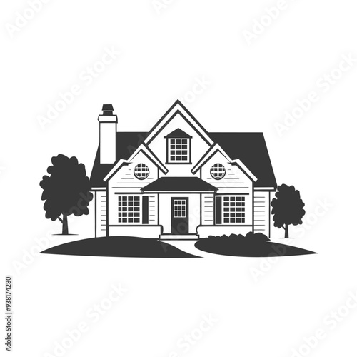 Black and White Illustration of a Suburban Home with a Lawn and Trees