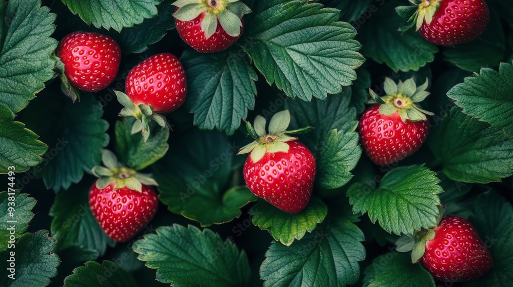 Fresh red strawberries nestled among green leafy plants in a garden setting Fresh red strawberries nestled among green leafy plants in a garden setting