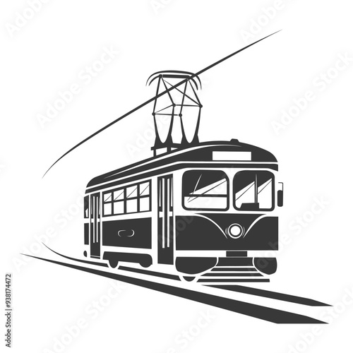 Black and white illustration of a vintage trolley on tracks