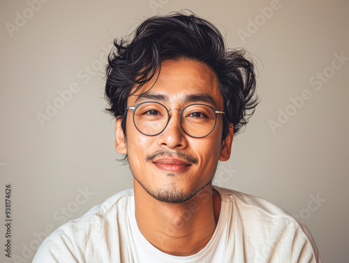 A man with glasses is smiling and looking at the camera