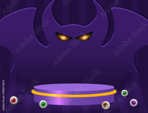 Halloween room striped wall background with purple podium, colorful eyes and bat shape on the floor for design