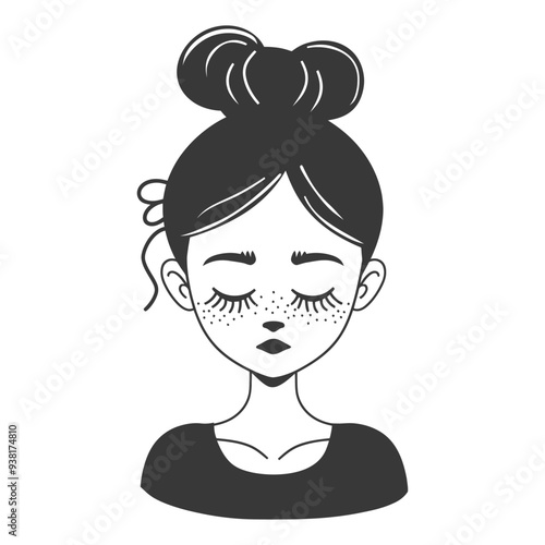 Black and White Illustration of a Woman with Closed Eyes and Freckles