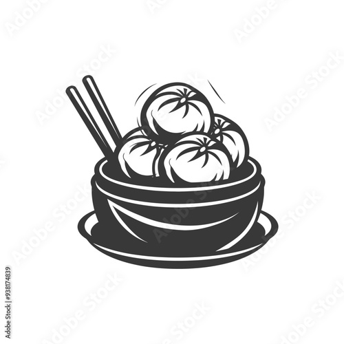Black and White Illustration of Dumplings in a Bowl with Chopsticks