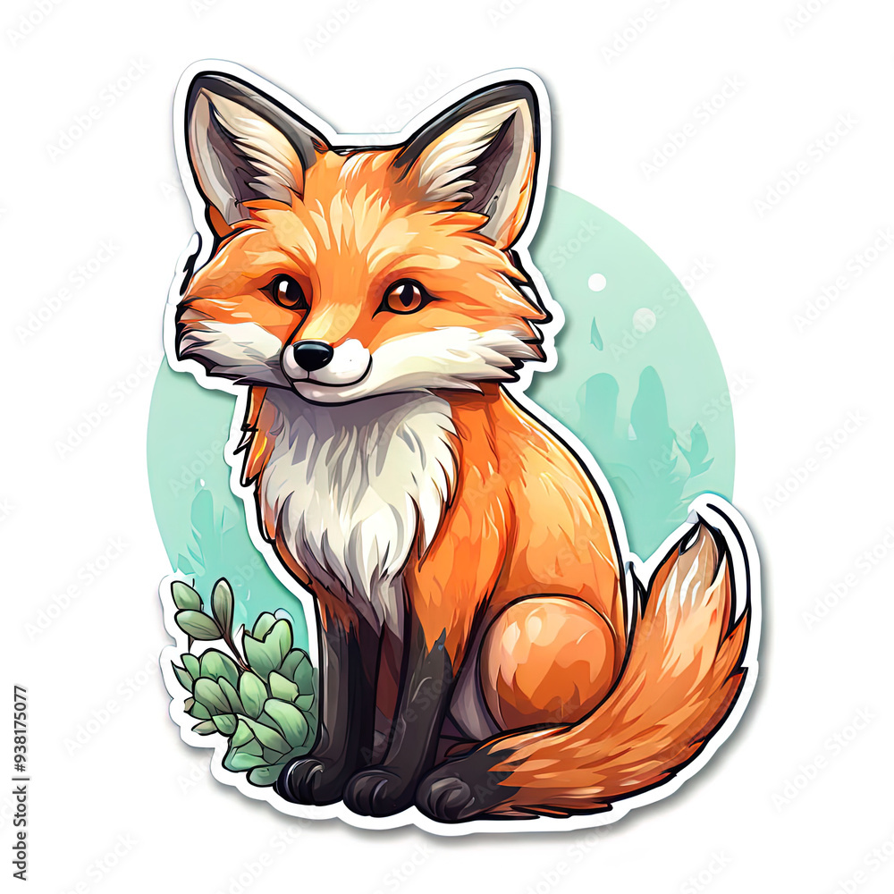 Cartoon red fox sitting with green leaves. Cartoon red fox sitting with green leaves.